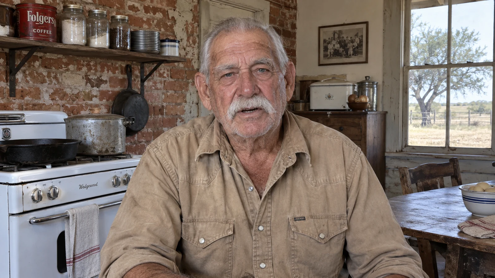Earl Hargrove seated in his Texas farm kitchen